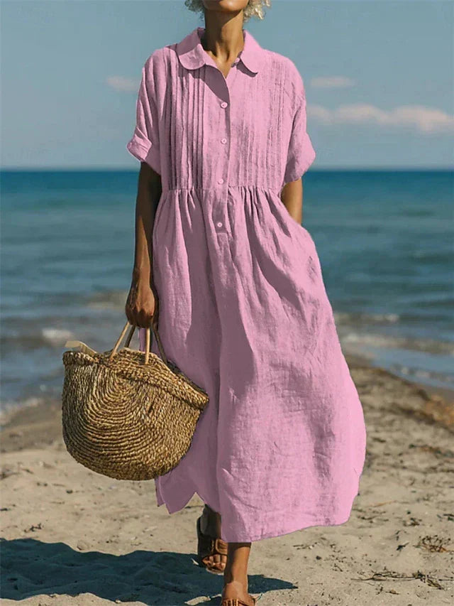 Dusty rose collared button dress with short sleeves and gathered waist
