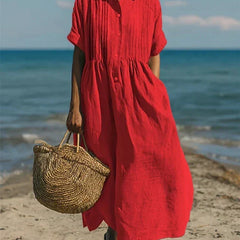 Red collared button dress with short sleeves and gathered waist