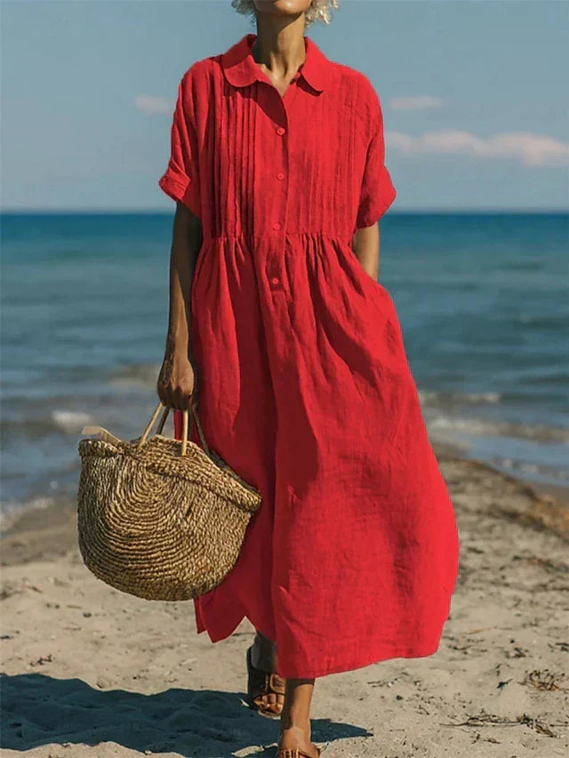 Red collared button dress with short sleeves and gathered waist