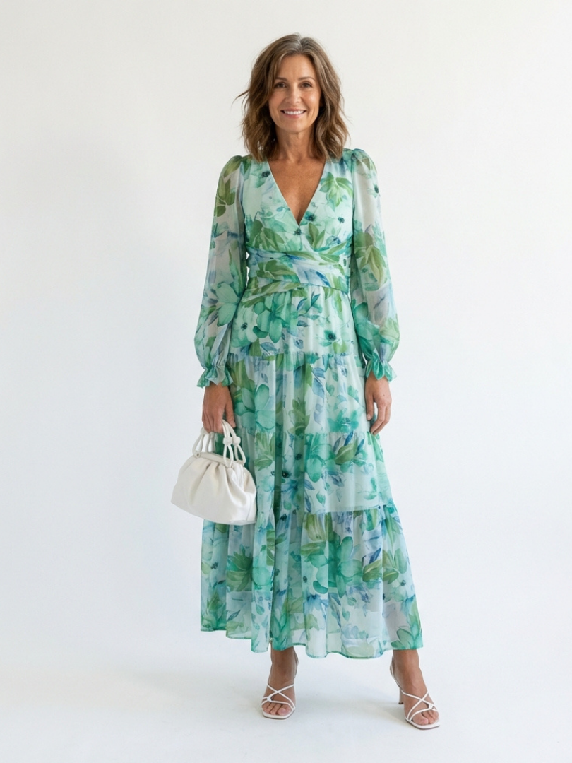Althea long-sleeve floral maxi dress with tiered skirt and V-neck, green