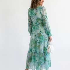Althea long-sleeve floral maxi dress, side view, V-neck and tiered skirt, green