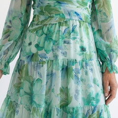 Althea floral maxi dress close-up: V-neck bodice and tiered ruffles, green-blue