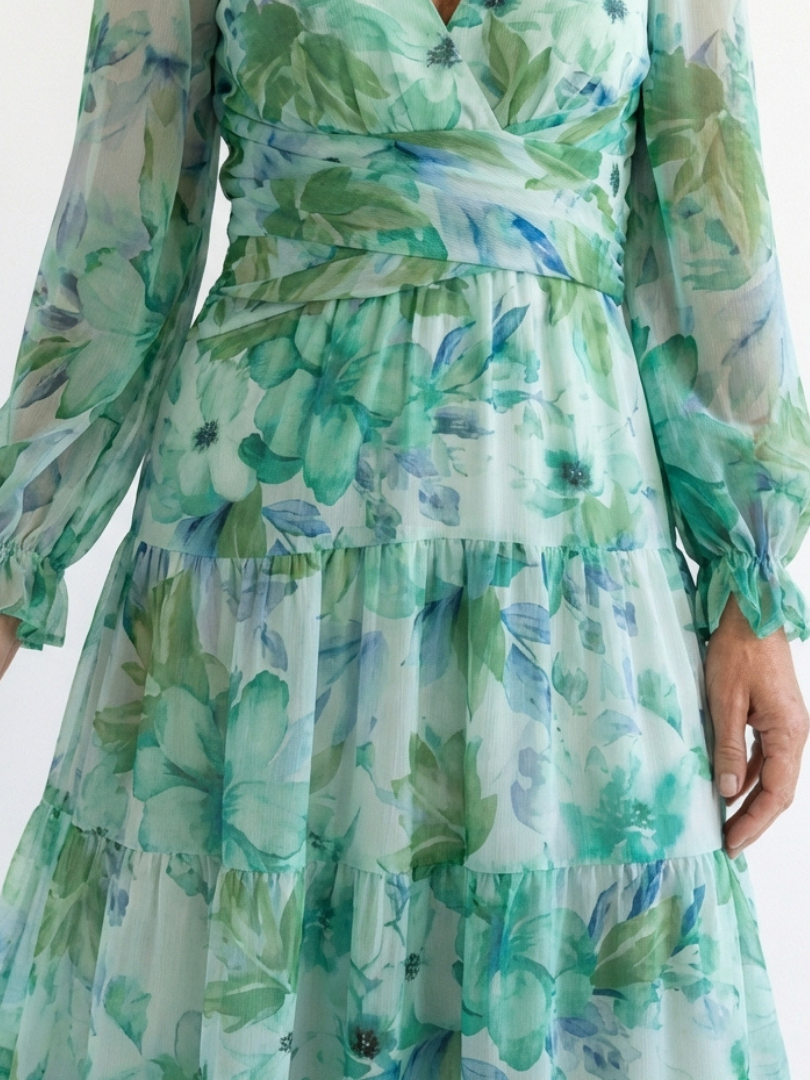 Althea floral maxi dress close-up: V-neck bodice and tiered ruffles, green-blue