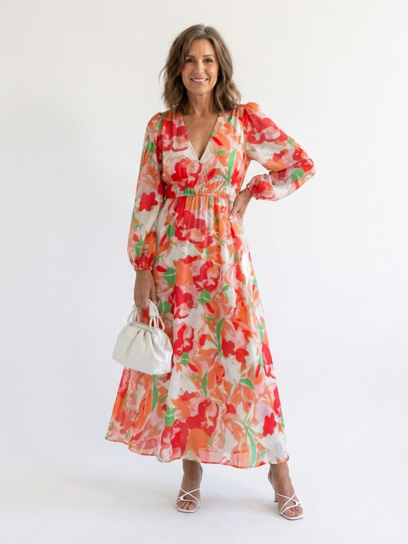 Orange floral maxi dress with V-neck, long puff sleeves, tiered ruffle skirt