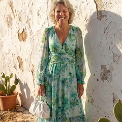 Green-blue floral long-sleeve maxi dress, V-neck, smocked waist, ruffle tiers