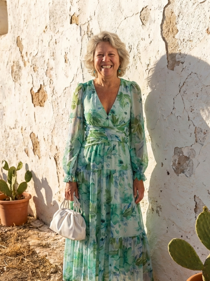 Green long-sleeve floral V-neck maxi dress with ruched waist and tiered layers