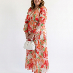 Althea long-sleeve floral maxi dress with gathered waist and tiered hem, orange
