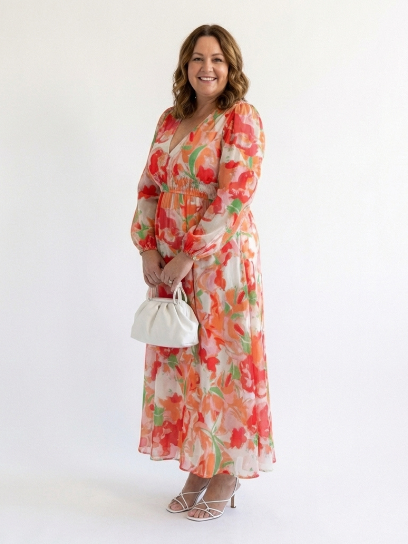 Althea long-sleeve floral maxi dress with gathered waist and tiered hem, orange