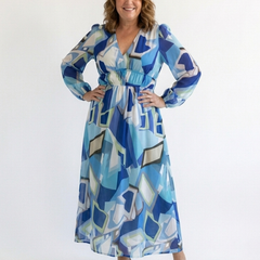 Althea long-sleeve graphic maxi dress with tie waist and tiered skirt, blue multi-color