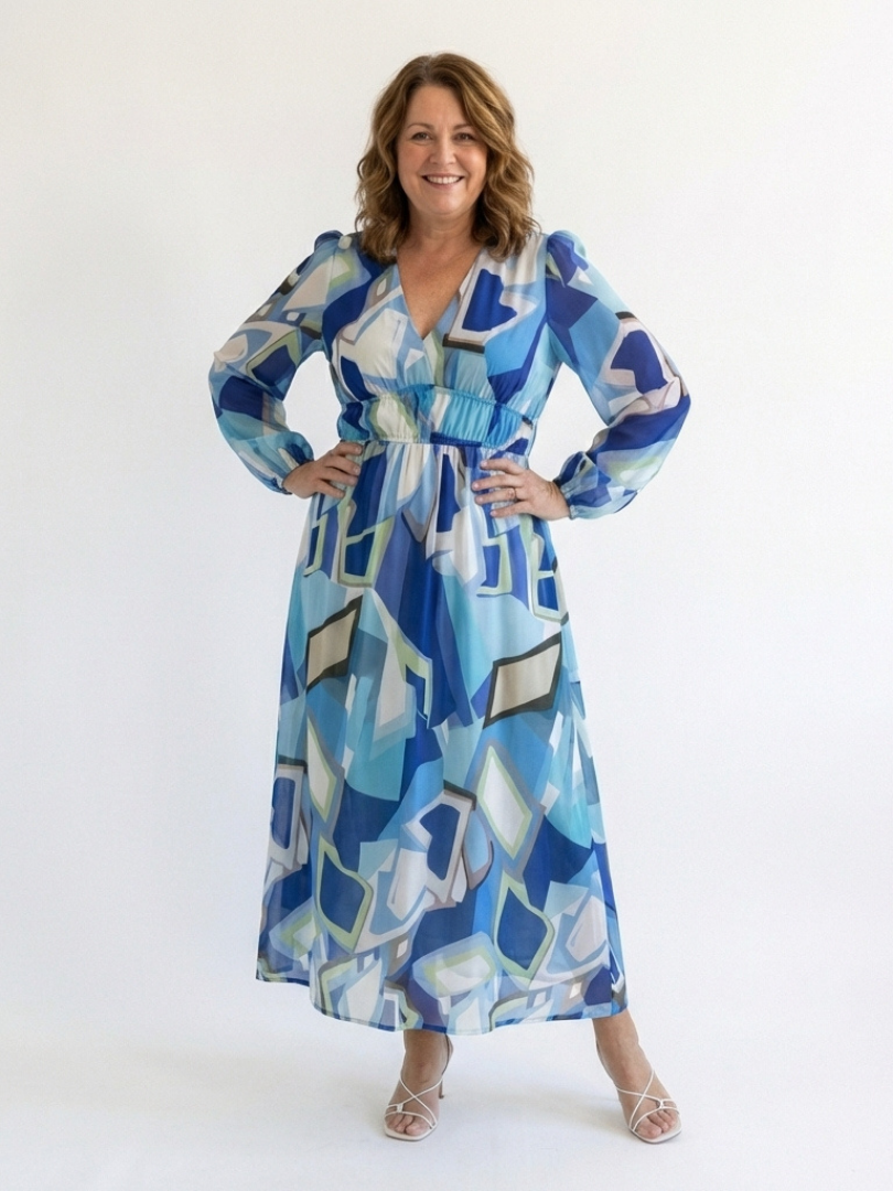 Blue abstract print maxi dress with V-neck, long sleeves, gathered waist, tiered skirt