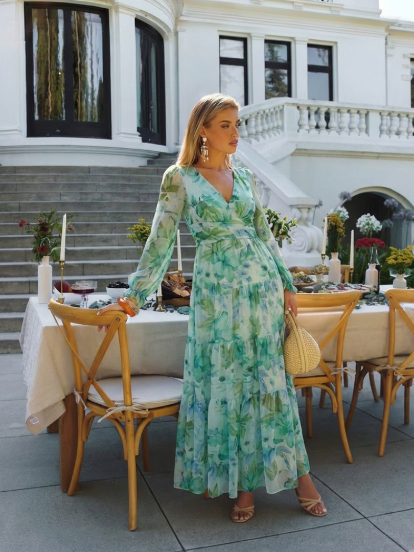 Green-blue floral maxi dress with long sleeves and V-neck, tiered skirt, side view