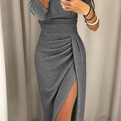 Gray fitted gala dress with long sleeves, ruched waist, and front side slit