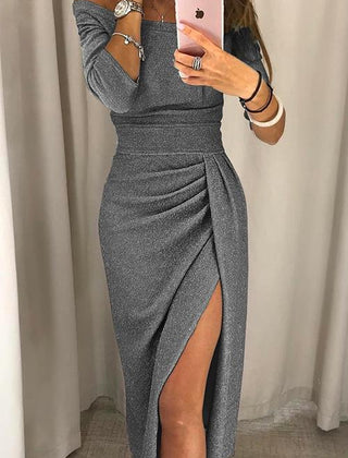 Gray fitted gala dress with long sleeves, ruched waist, and front side slit