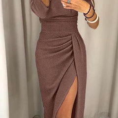 Brown fitted gala dress with long sleeves, ruched waist, and front side slit