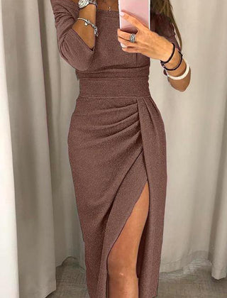 Brown fitted gala dress with long sleeves, ruched waist, and front side slit