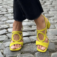 Yellow comfort walking sandals with open toe and slingback strap, low block heel