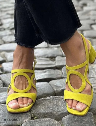 Yellow comfort walking sandals with open toe and slingback strap, low block heel