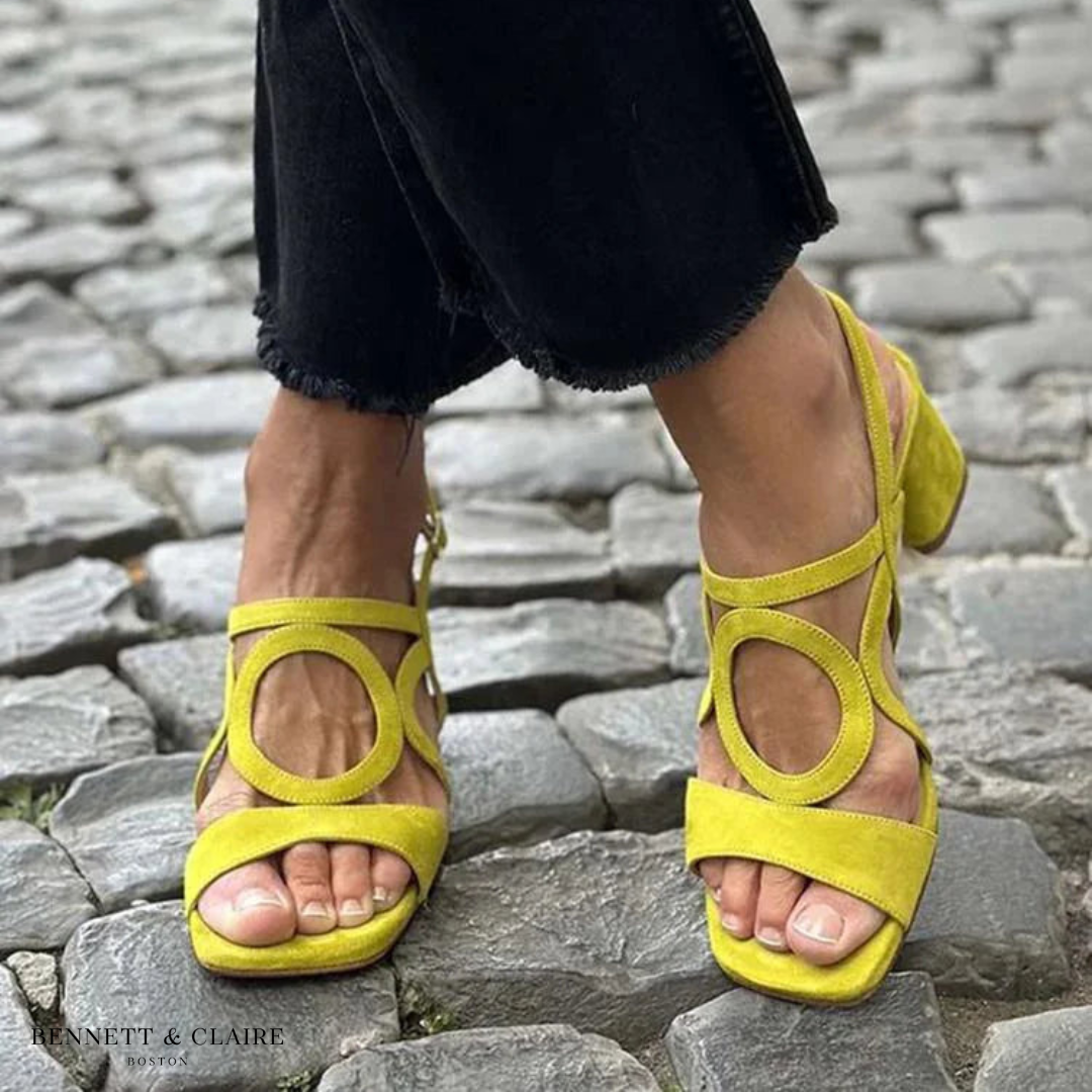 Yellow comfort walking sandals with open toe and slingback strap, low block heel