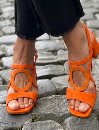 Orange comfort walking sandals with open toe and slingback strap, low block heel