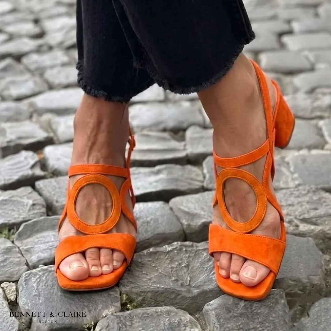 Orange comfort walking sandals with open toe and slingback strap, low block heel