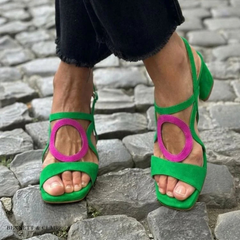 Green comfort walking sandals with open toe, purple ring detail, low block heel
