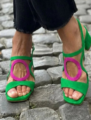 Green comfort walking sandals with open toe, purple ring detail, low block heel