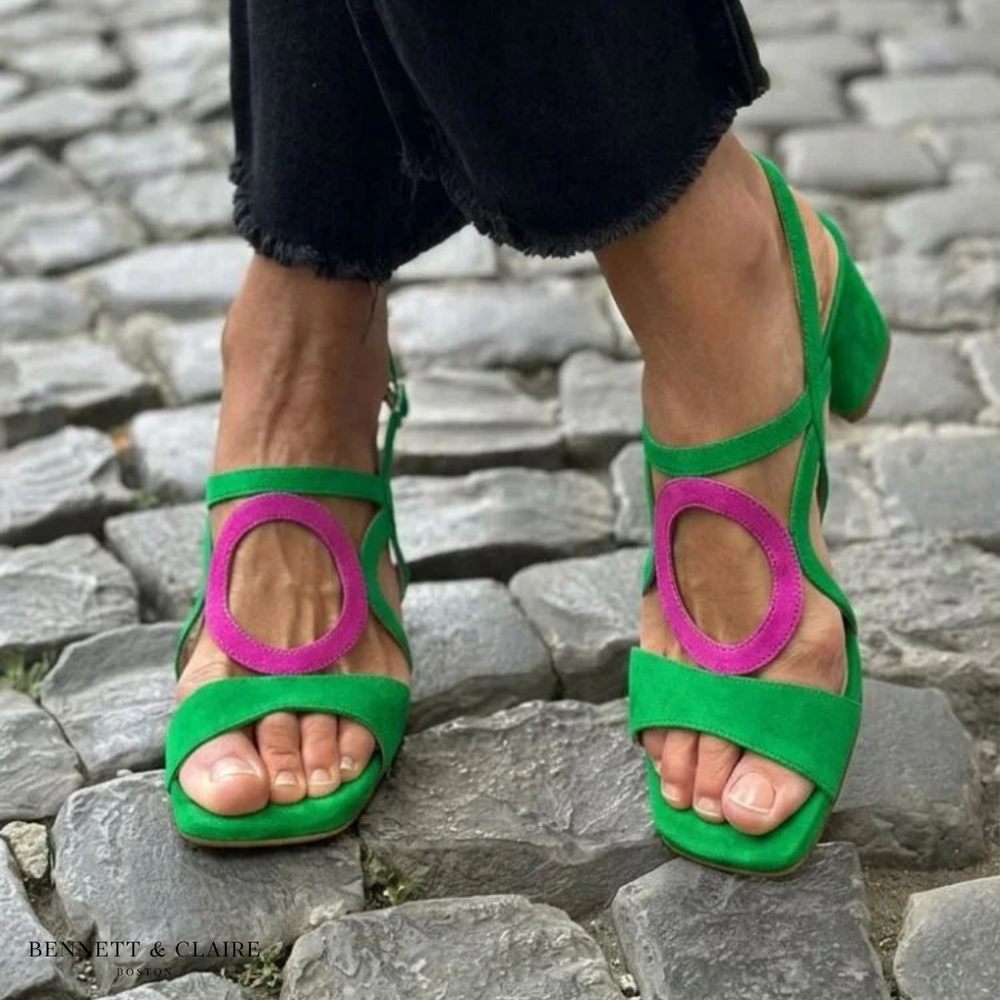 Green comfort walking sandals with open toe, purple ring detail, low block heel
