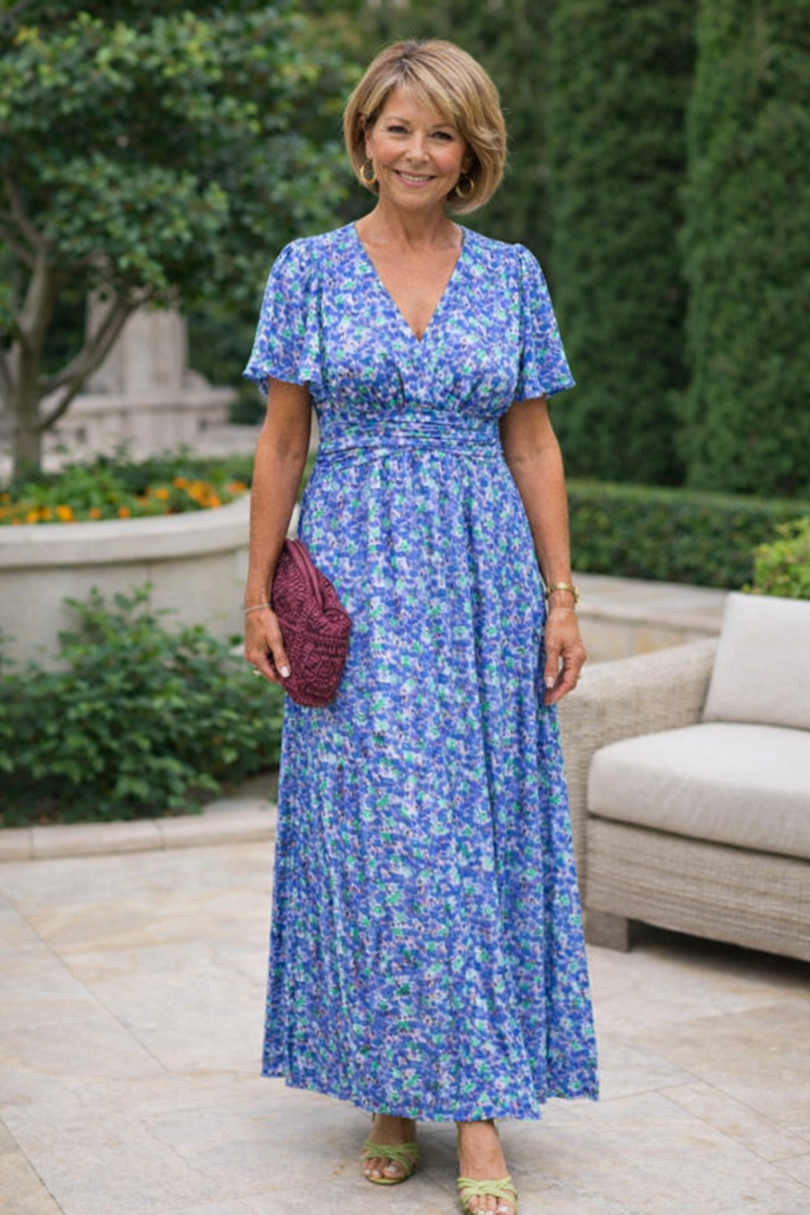 Blue floral summer dress with short sleeves, V-neck, and gathered waist