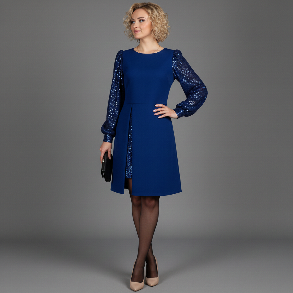 Blue elegant dress with sequin sheer sleeves and boat neckline, front hem slit
