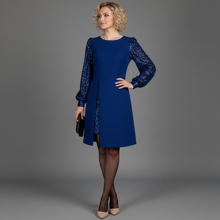 Blue elegant dress with sequin sheer sleeves and boat neckline, front hem slit