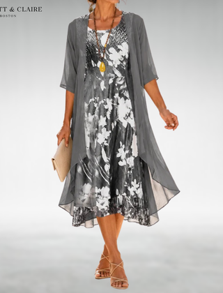 Gray floral midi dress with sheer short-sleeve overlay, scoop neckline, airy hem