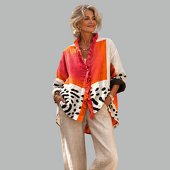 Ruby™ relaxed print blouse, button-front, long sleeves, red-orange with zebra panels