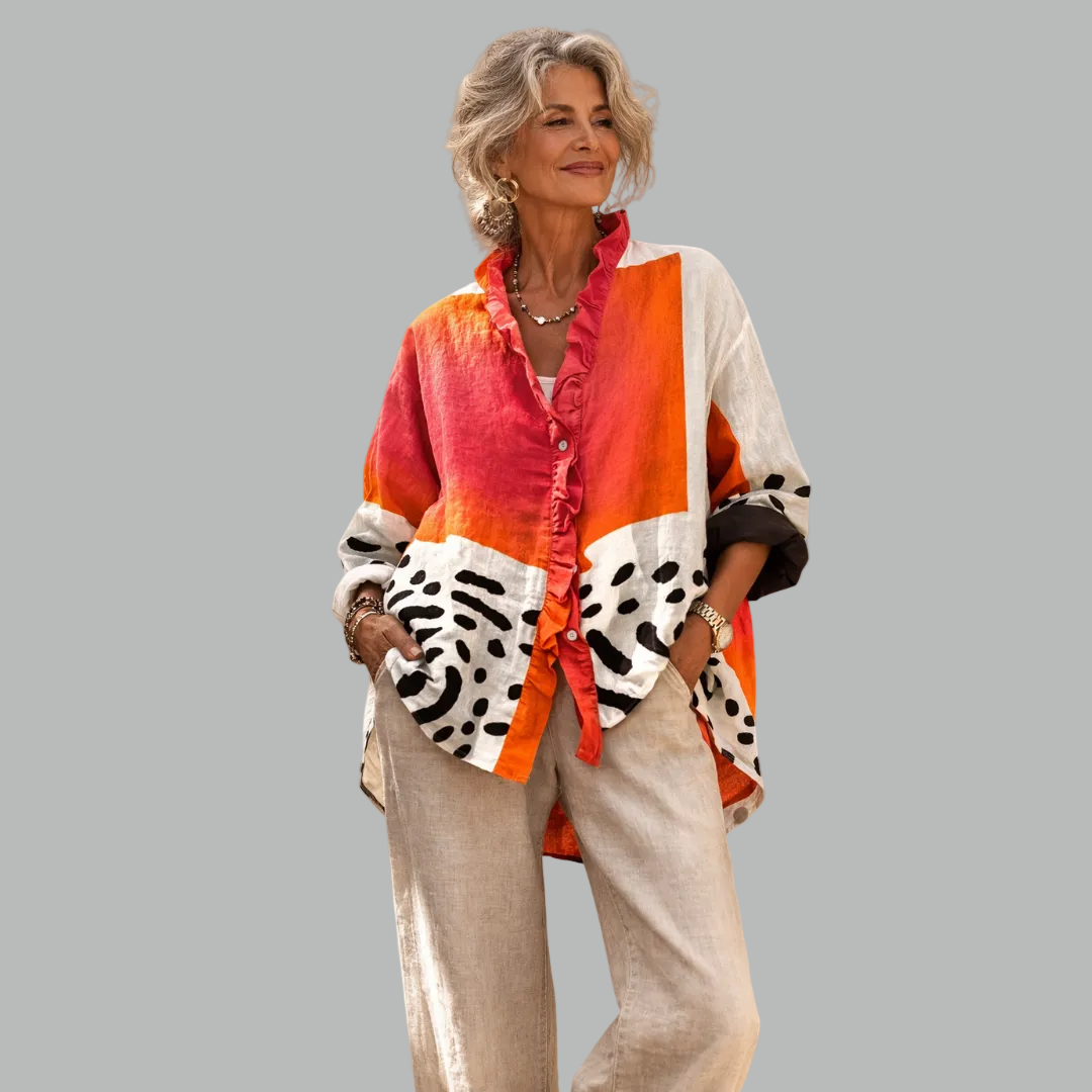 Ruby™ relaxed print blouse, button-front, long sleeves, red-orange with zebra panels