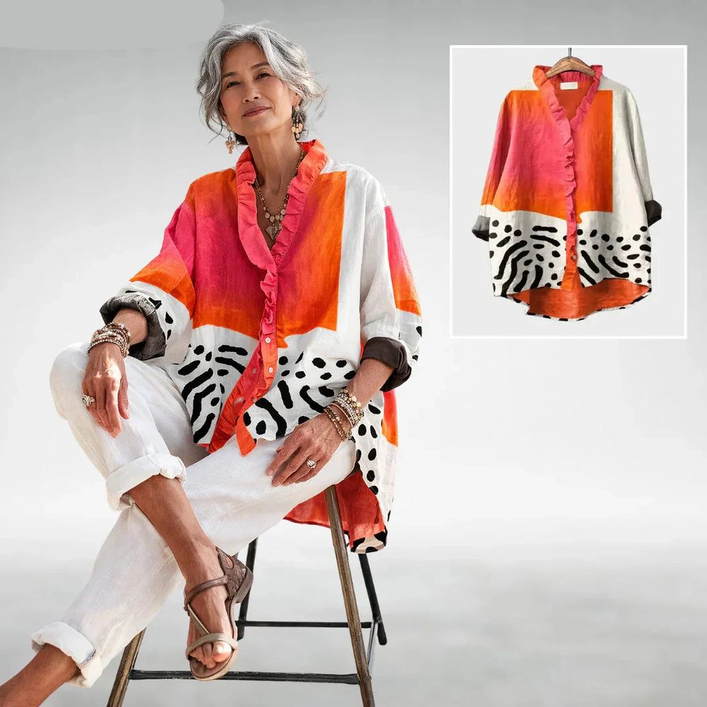 Ruby™ relaxed print blouse, button-front, long sleeves, red-orange and zebra-print