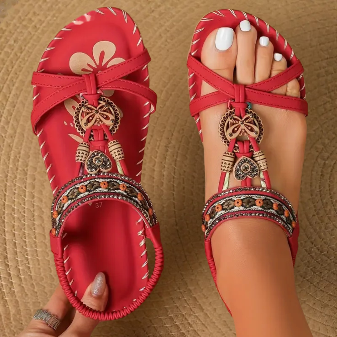 Boho comfort sandals in red with bow ankle straps and ornate charm bead trim