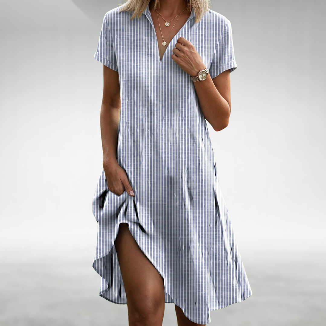 Lightweight midi dress with V-neck, short sleeves, side slit, light blue vertical stripe