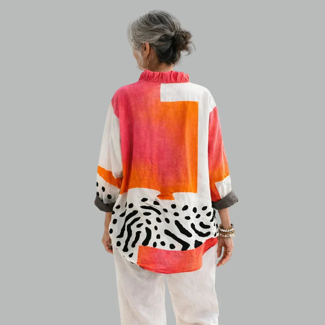 Ruby™ relaxed print blouse, back view, long sleeves, red-orange with zebra-print panel