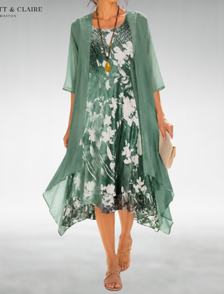 Green floral midi dress with sheer short-sleeve overlay, scoop neckline, flowing hem