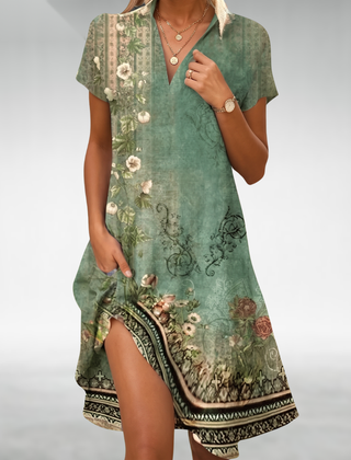 Lightweight midi dress with V-neck, short sleeves, side slit, green floral landscape print