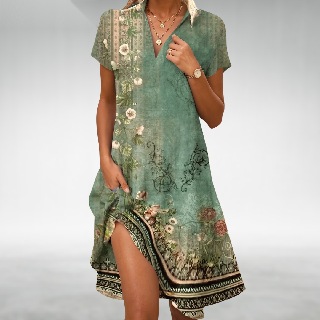 Lightweight midi dress with V-neck, short sleeves, side slit, green floral landscape print