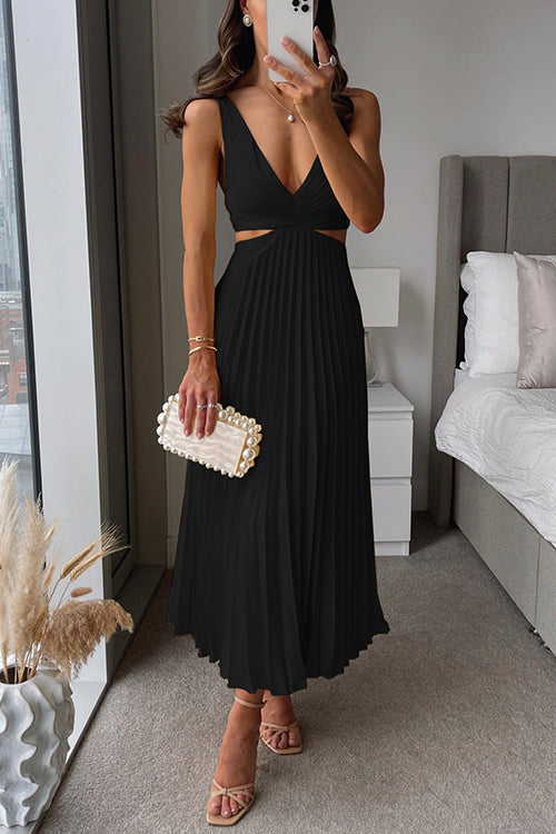 Black sleeveless pleated maxi dress with V-neck and cut-out waist detail