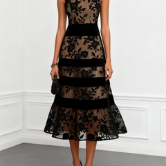 Black floral mesh midi dress with sleeveless round neck and layered ruffle hem