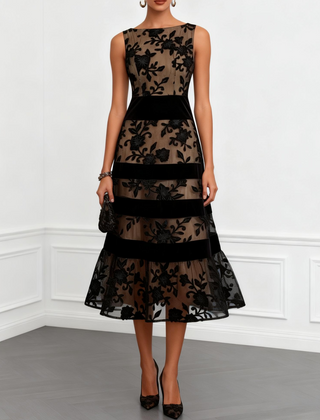 Black floral mesh midi dress with sleeveless round neck and layered ruffle hem