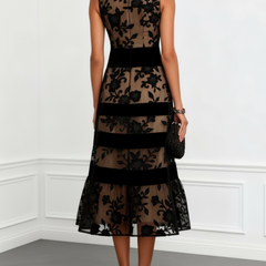 Black floral mesh midi dress, sleeveless with layered bands and flared skirt