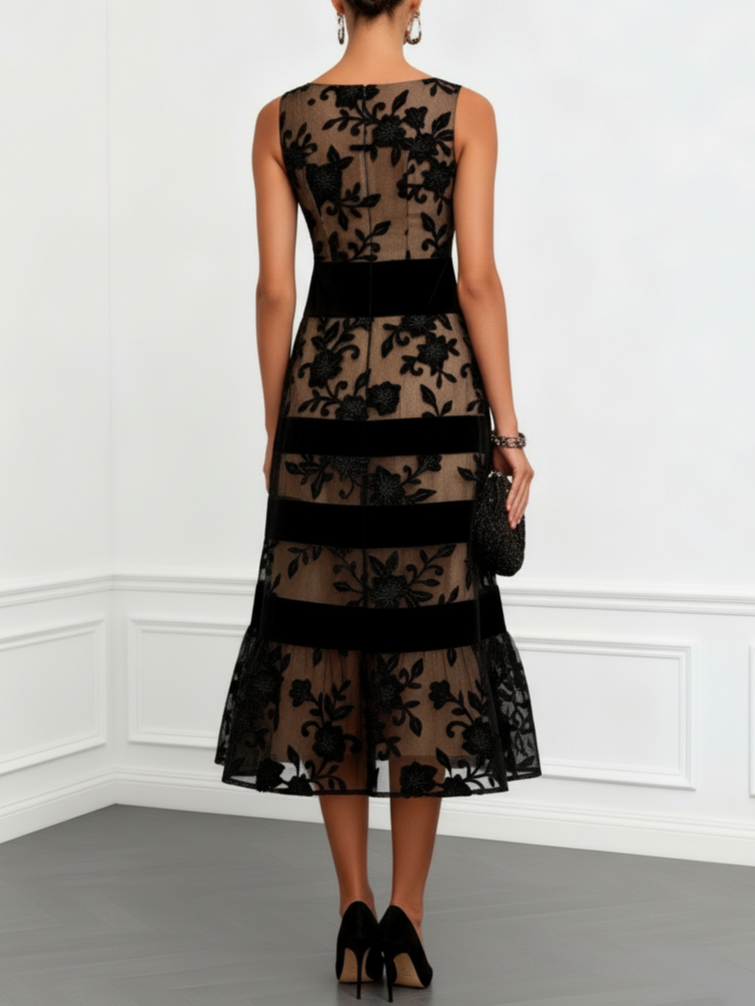 Black floral mesh midi dress, sleeveless with layered bands and flared skirt