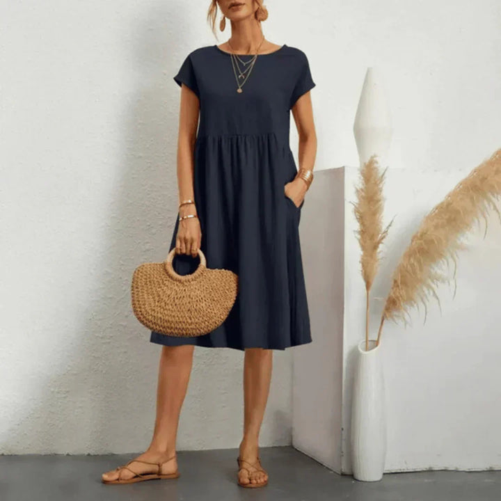 Mira™ relaxed midi dress, navy blue, short sleeves, scoop neck, gathered waist