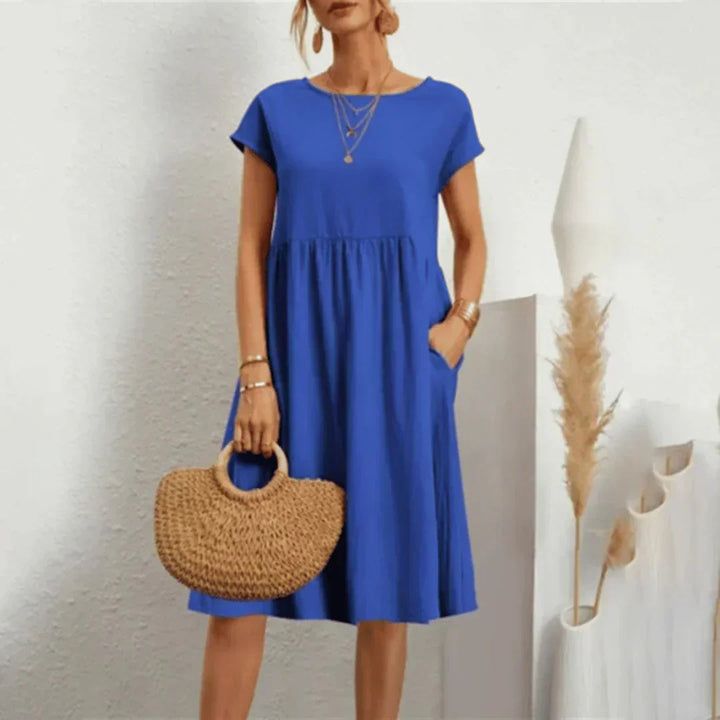 Mira™ relaxed midi dress, bright blue, short sleeves, scoop neck, gathered waist