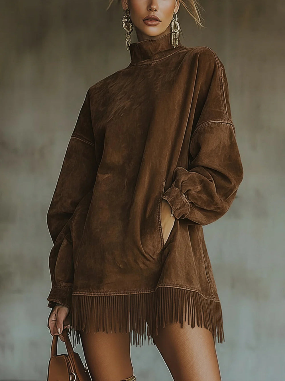 Brown suede fringe dress with long sleeves and high neck