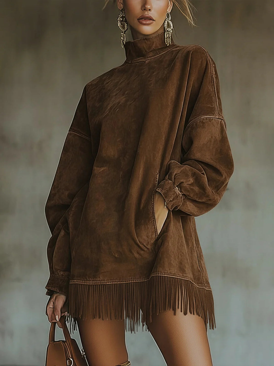 Brown suede fringe dress with long sleeves and high neck