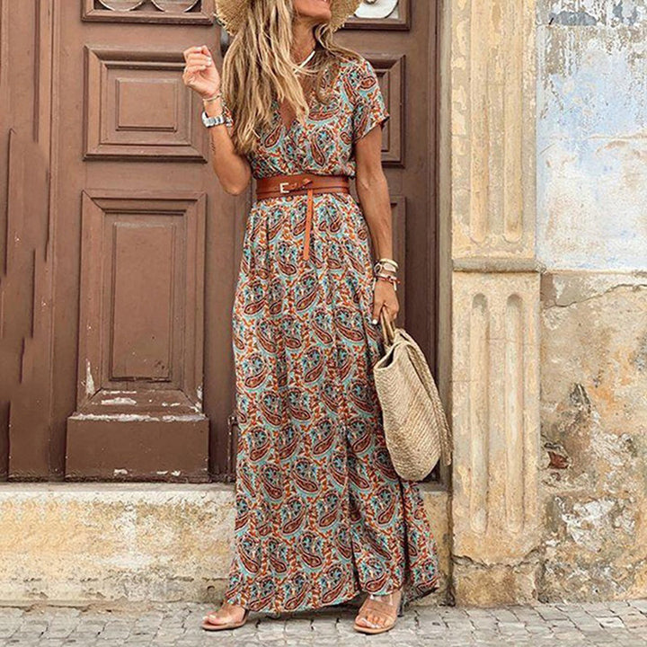 Multicolor paisley bohemian maxi dress with short sleeves and waist belt